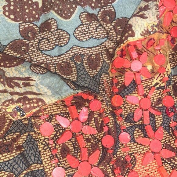 Style & Co Womens 10 Boho Beaded Tunic Top Brown Orange Cinched Back Cotton - Picture 4 of 7